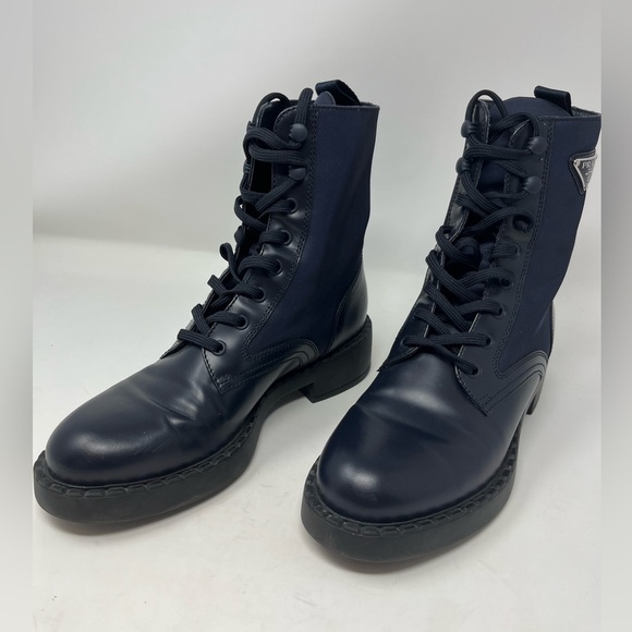 Prada Brushed Leather Monolith Re-Nylon Navy Combat Boot Triangle Logo size 39 - Picture 10 of 14